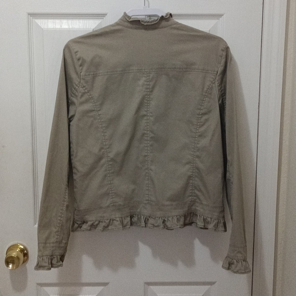 Baccini Taupe Jacket with Ruffle Trim Metal Buttons Ladies Large - Picture 2 of 12